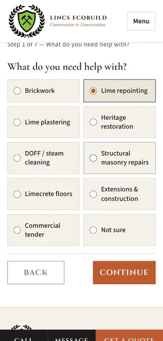 Step one of the Lincs EcoBuild quote request on a phone