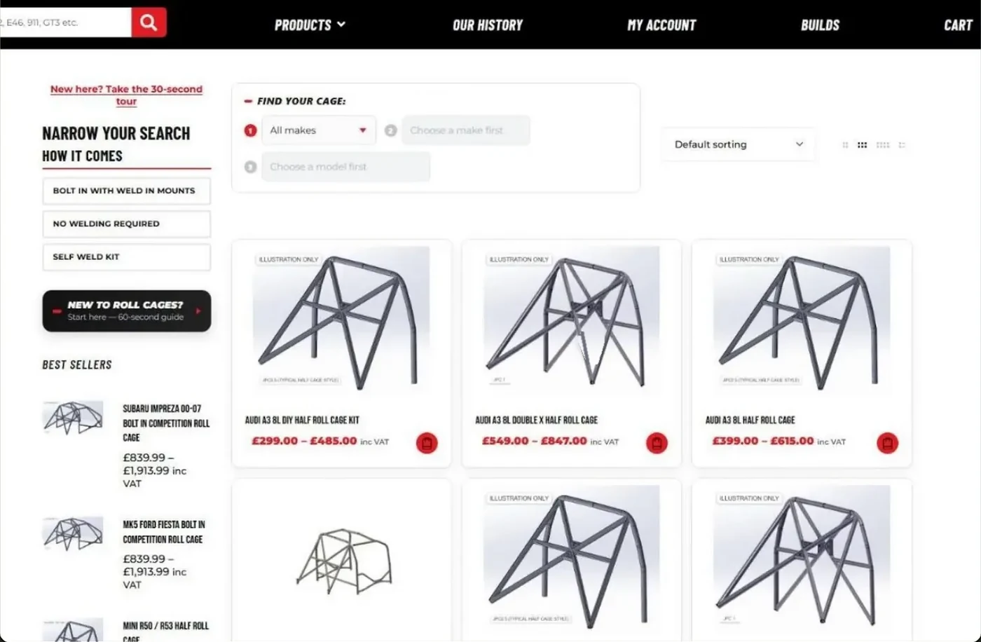 The jpcages.com shop, filtering roll cages by make and model