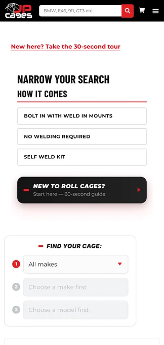 The jpcages.com shop on a phone, with the find-your-cage filter