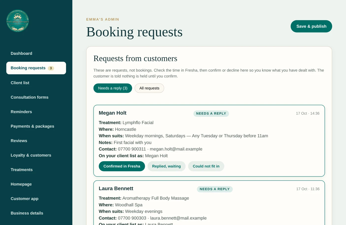 Soul Lifting Therapies booking requests, each confirmed in one tap